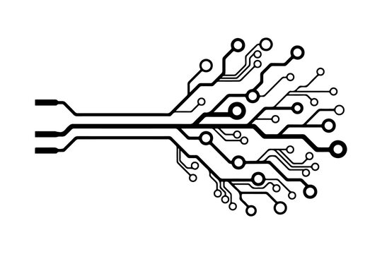 Circuit board vector graphic with branching electronic pathways and connection nodes, transparent background
