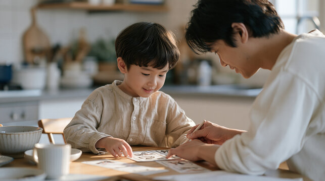 Thai autistic boy working with a therapist using picture exchange communication cards at a kitchen table during home-based ABA therapy, in-home intervention, early autism support,