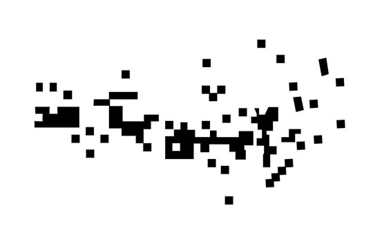 Abstract pixel art illustration with scattered black squares and digital distortion effect, transparent background