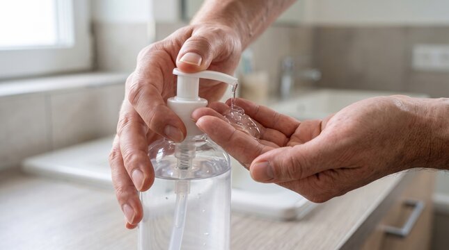 Close-up of hands applying sanitizer gel from a dispenser pump for daily hygiene