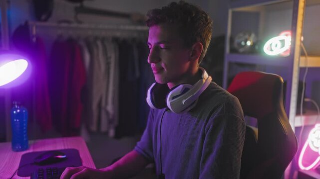 Young hispanic man wearing white headset smiles and gives thumbs up while seated at keyboard and mouse in a studio gaming chair lit by neon signs and lamp; cheerful streaming community.