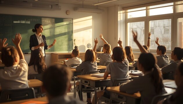 Teacher standing in front of classroom as students raise hands to answer