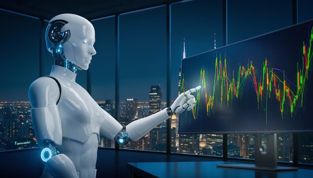 Humanoid robot is analyzing volatile stock price charts on a digital screen in an office at night.