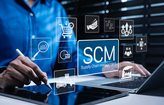 SCM, Supply Chain Management and Logistics System Concept. Businessman using laptop with icons representing supply chain, logistics, procurement, inventory, distribution, manufacturing processes
