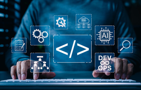 DevOps and AI integration in software development process concept. Developer working on computer with digital coding icons, automation, programming, cloud computing and machine learning technology.