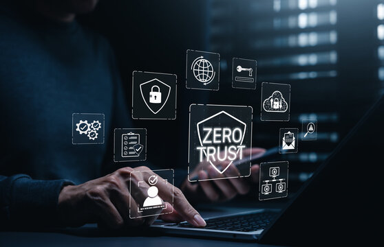 Zero trust security and identity access protection concept. Man using laptop with shield, lock, cloud, password, verification, checklist, user authentication, compliance, cybersecurity control icons