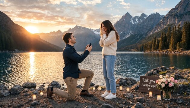 Man proposing to his girlfriend by a lake with mountains at sunset