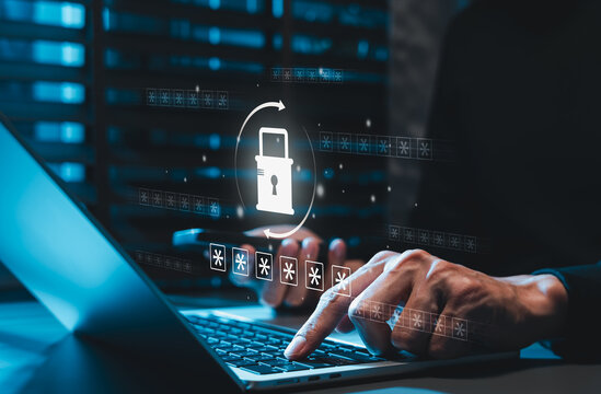 Password Reset Security and Forgotten Password Recovery Concept. User using smartphone and laptop with padlock, hidden passcode, and refresh arrows showing secure login recovery and account protection