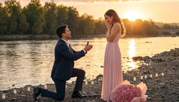 Man proposing to his girlfriend with an engagement ring by the river at sunset