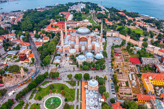 Aerial view of Hagia Sophia in Istanbul, Turkey.