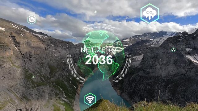 Starting with faint hex icons, green eco icons drifting inward above mountain showing eco data. Ridge, forest, canopy, valley, panorama, sky, verdant