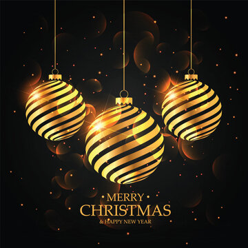 Three golden spiral Christmas ornaments with stars background