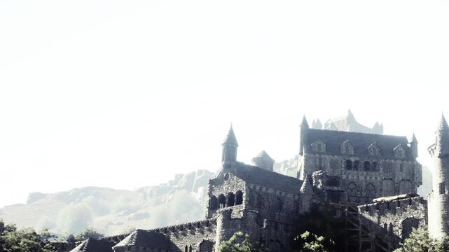 A grand stone castle with turrets and battlements rises in the foreground. Behind it, rugged hills create a stunning backdrop under a clear sky, capturing a sense of timeless beauty and history.