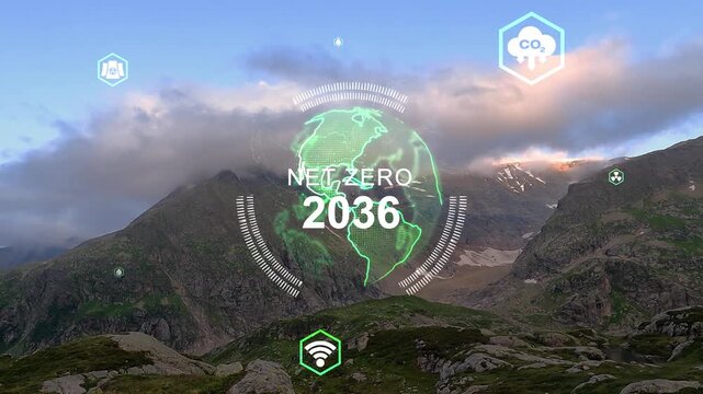 Starting with faint hex icons, green eco icons drifting inward above mountain showing eco data. Ridge, forest, canopy, valley, panorama, sky, verdant