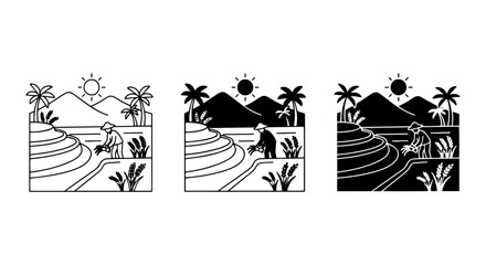 Fototapeta premium Terraced Rice Fields, Farmer Planting, Tropical Landscape, Agricultural Scene Vector Set