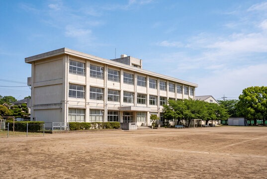 土の校庭が広がる公立小学校校舎の外観