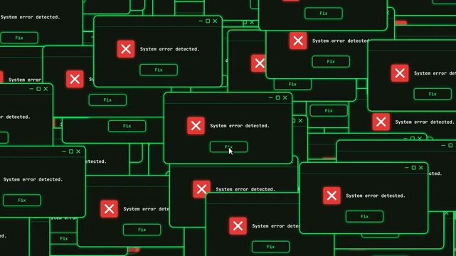 Glitchy system error alert windows popup, digital computer failure, hacking alert