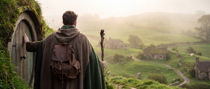 Man in cloak entering a hobbit style door in a lush countryside