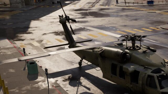 A military helicopter stands ready on an urban street, showcasing its robust design against a backdrop of city architecture. Sunlight reflects off the pavement, creating an active atmosphere.