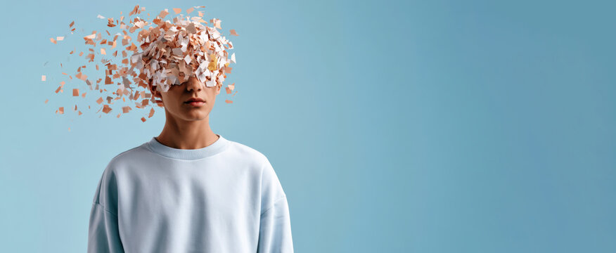 Person's head dissolving into confetti against a blue background banner