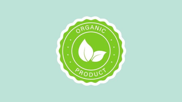Organic product certification sticker animation with a green circular emblem with two on a transparent background. Organic product label. Seamless animated icon. 4K video overlay isolated element.