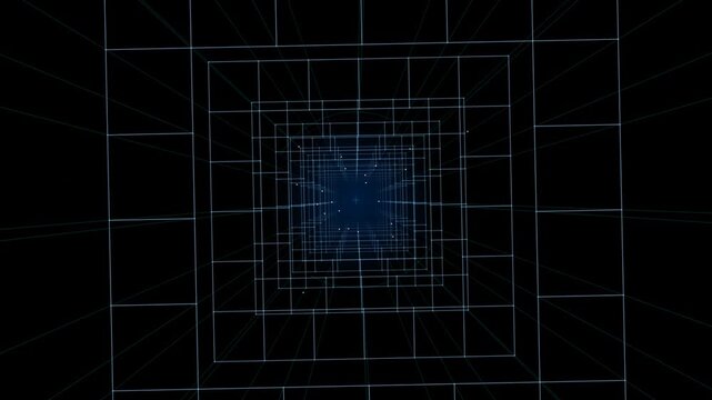 Neon blue digital grid tunnel animation flying through a geometric light box structure background