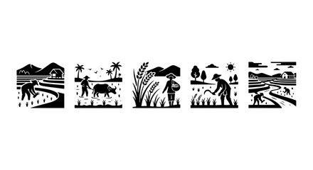 Fototapeta premium Rural Farming Scenes, Agricultural Labor, Rice Cultivation Icons, Countryside Harvest Illustrations, Black and White Vector Art