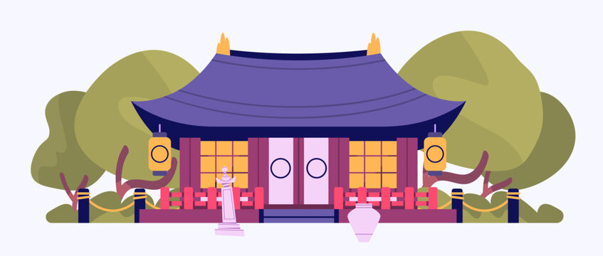 Traditional Japanese small house building with paper lanterns and green garden. Flat vector illustration