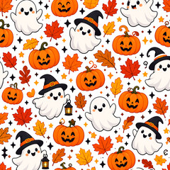 Fototapeta premium cute halloween ghosts and pumpkins pattern, halloween pattern, cute halloween, ghost pattern, pumpkin pattern, spooky pattern, kawaii halloween, halloween ghosts, cute ghosts, halloween pumpkins, jack