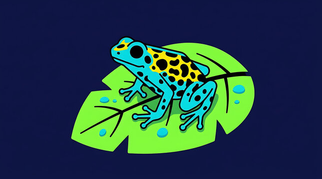 Cartoon style blue and yellow dart frog perched on a vibrant green leaf against a dark blue background