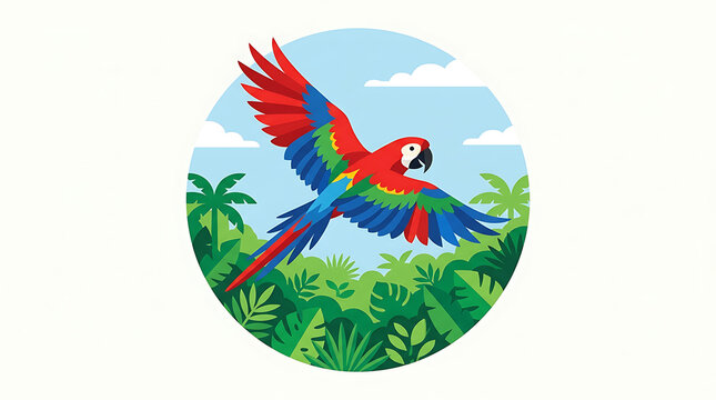 Colorful macaw parrot flying above a lush tropical jungle