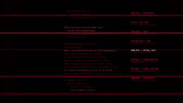 Cyber Security Code Animation Featuring Glowing Red Programming Lines And System HUD Panels On A Dark Background For Information Technology Security Presentations