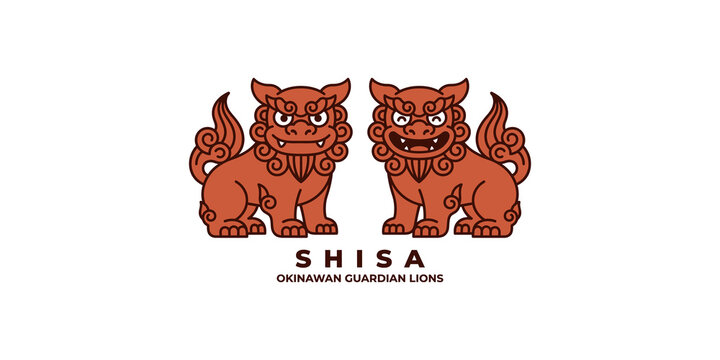 Pair of shisa okinawan guardian lions with ornate details and elegant typography.