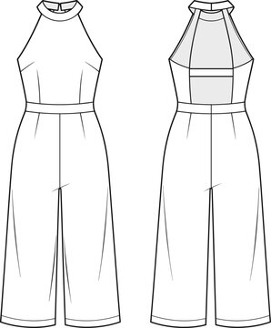 Halter Neck Jumpsuit with Wide Leg Front and Back Sketch