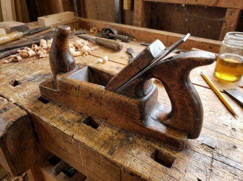 durable object showing tasteful signs of age and repair Woodworking plane tool resting on a rustic wooden workbench in a workshop.