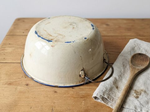 durable object showing tasteful signs of age and repair Old worn metal bowl turned upside down on wooden table with spoon and cloth