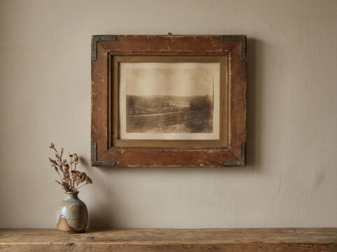 durable object showing tasteful signs of age and repair Vintage framed landscape photo above rustic wooden mantel with dried flowers vase