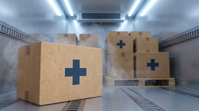 Medical Supply Boxes in Refrigerated Truck for Pharmaceutical Cold Chain Logistics
