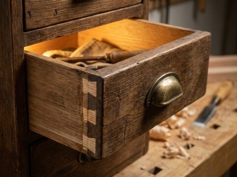 durable object showing tasteful signs of age and repair Open wooden drawer with dovetail joints in a rustic workshop setting.
