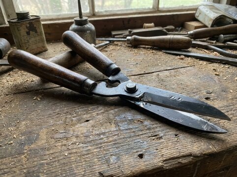 durable object showing tasteful signs of age and repair Rusty vintage scissors on a wooden workbench with old tools in background
