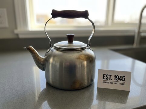 durable object showing tasteful signs of age and repair Vintage metal kettle with wooden handle on kitchen countertop near a sign.