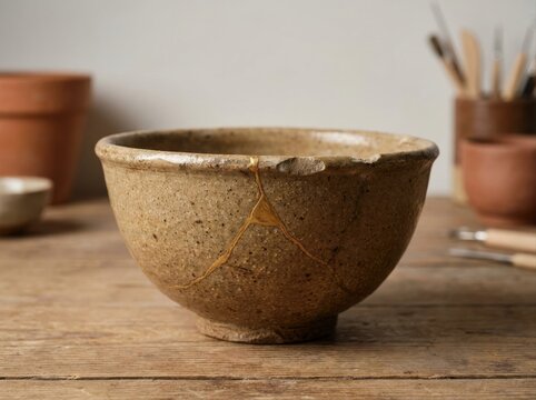 durable object showing tasteful signs of age and repair A repaired ceramic bowl with visible gold joins on a wooden surface.
