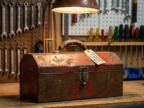 durable object showing tasteful signs of age and repair Rusty metal toolbox on wooden workbench in a well-organized workshop