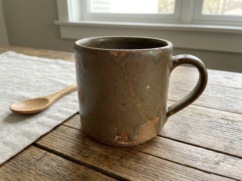 durable object showing tasteful signs of age and repair Rustic ceramic mug on wooden table with wooden spoon and window light