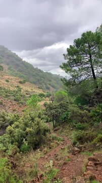 Hiking trail to waterfalls over river Caballos, Sierra de la Nieves National Park in Tolox, Malaga, Spain
