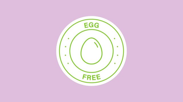 Egg-free product label sticker animation with a green outlined egg inside circular on a transparent background. Egg-free certification mark. Seamless animated icon. 4K video overlay isolated element.