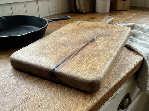 durable object showing tasteful signs of age and repair Rustic wooden cutting boards on a kitchen counter with a cast iron skillet nearby