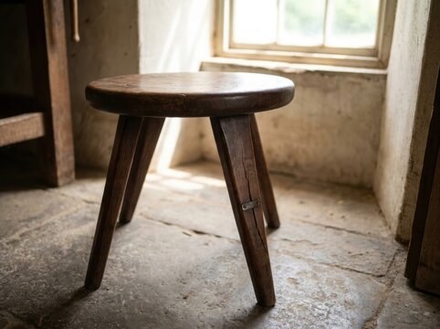 durable object showing tasteful signs of age and repair Wooden stool with three legs in a rustic room lit by natural window light