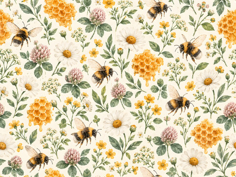 Seamless watercolor honey bee pattern with wildflowers and honeycomb background