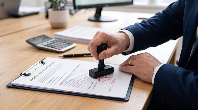 A business professional using a rubber stamp to approve a document on a clipboard at an office desk